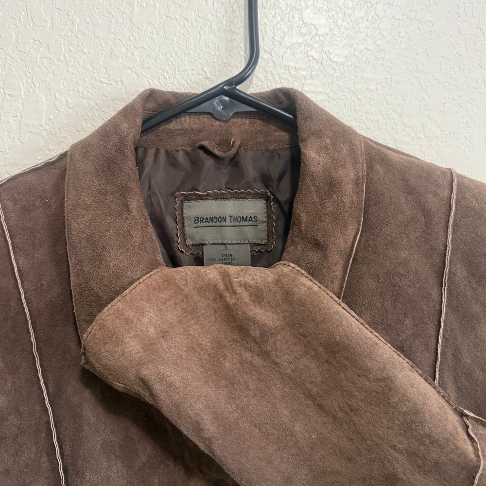 Brandon Thomas Mens Brown Suede Leather Jacket L Button Front Stitch‎ Detail